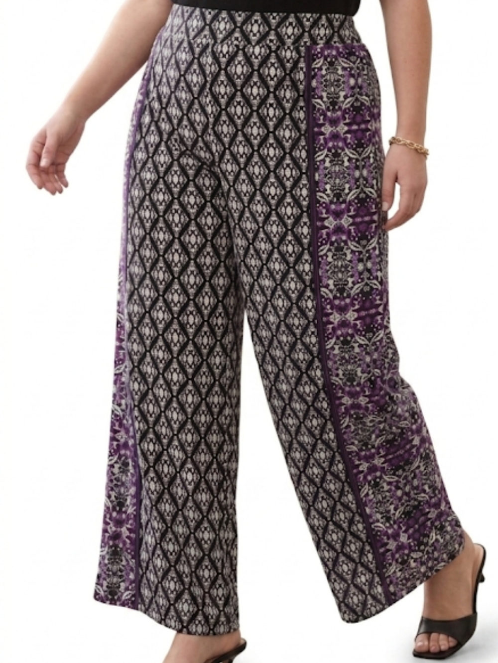 Black and Purple Patterned Wide-Leg Palazzo Pants Women's XL Business or Casual